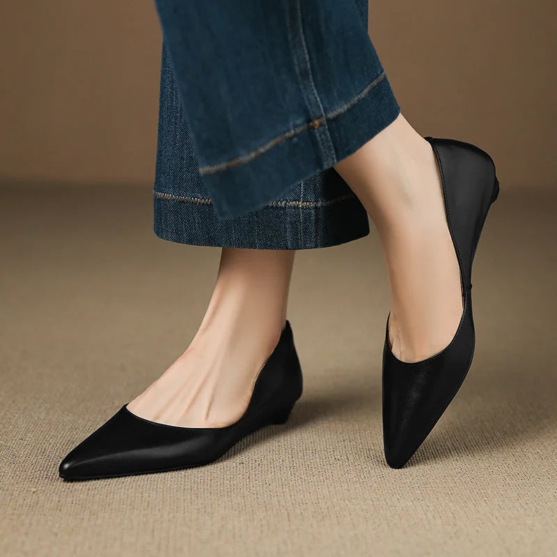 Black Women's Pointed Toe Leather Ballet Flats — Clara Everyday Low Wedge Slip-On - Close Up Walking