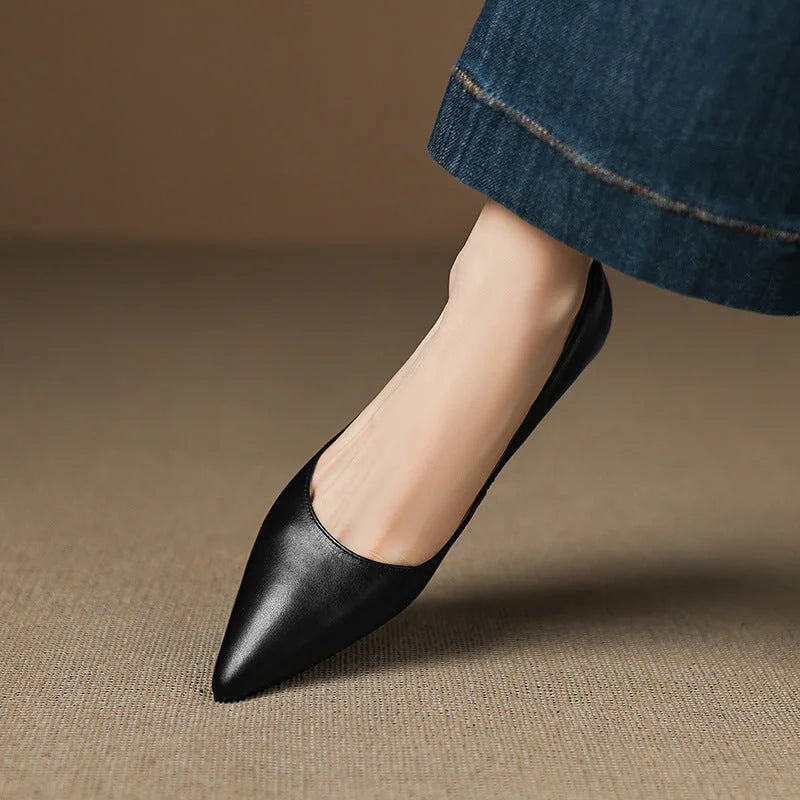 Black Women's Pointed Toe Leather Ballet Flats — Clara Everyday Low Wedge Slip-On - Single Shoe Angled