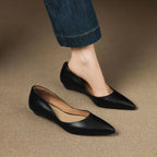 Black Women's Pointed Toe Leather Ballet Flats - Worn Side View