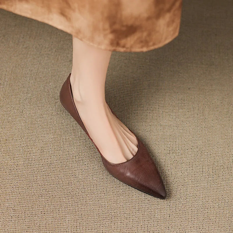 Brown Women's Pointed Toe Leather Ballet Flats — Clara Everyday Low Wedge Slip-On - Close Up Top Down