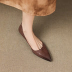 Brown Women's Pointed Toe Leather Ballet Flats — Clara Everyday Low Wedge Slip-On - Close Up Top Down