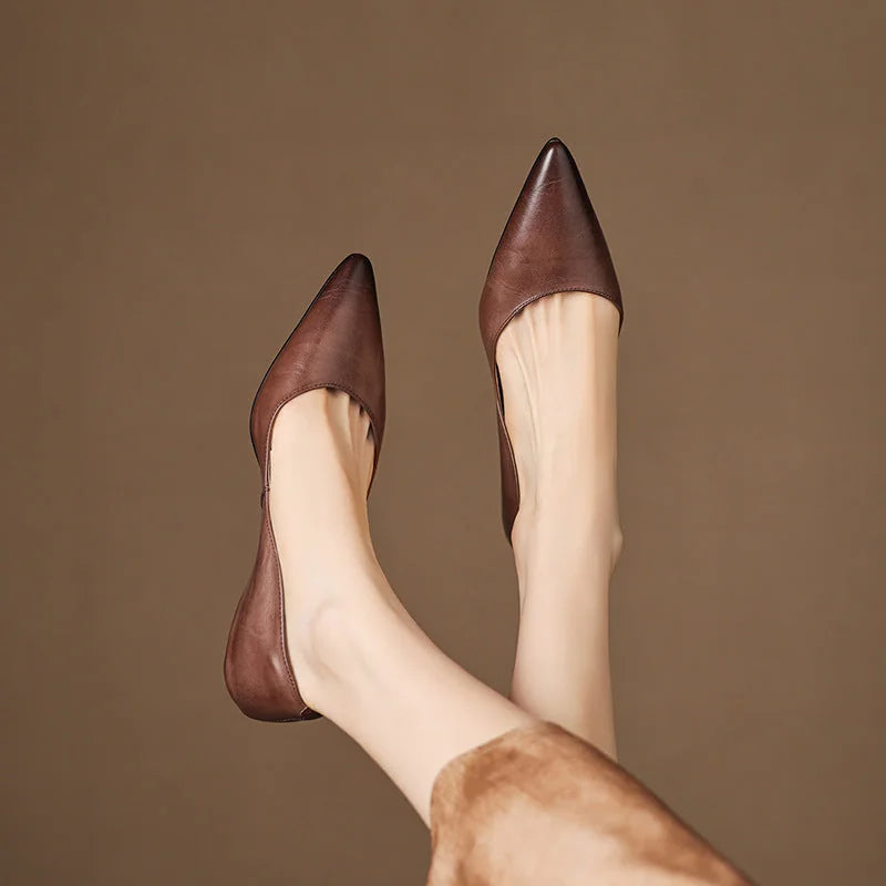 Brown Women's Pointed Toe Leather Ballet Flats — Clara Everyday Low Wedge Slip-On - Feet Up Air