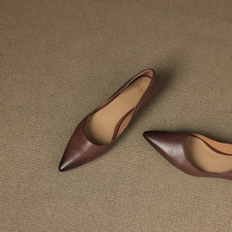 Brown Women's Pointed Toe Leather Ballet Flats — Clara Everyday Low Wedge Slip-On - Flat Lay Pair