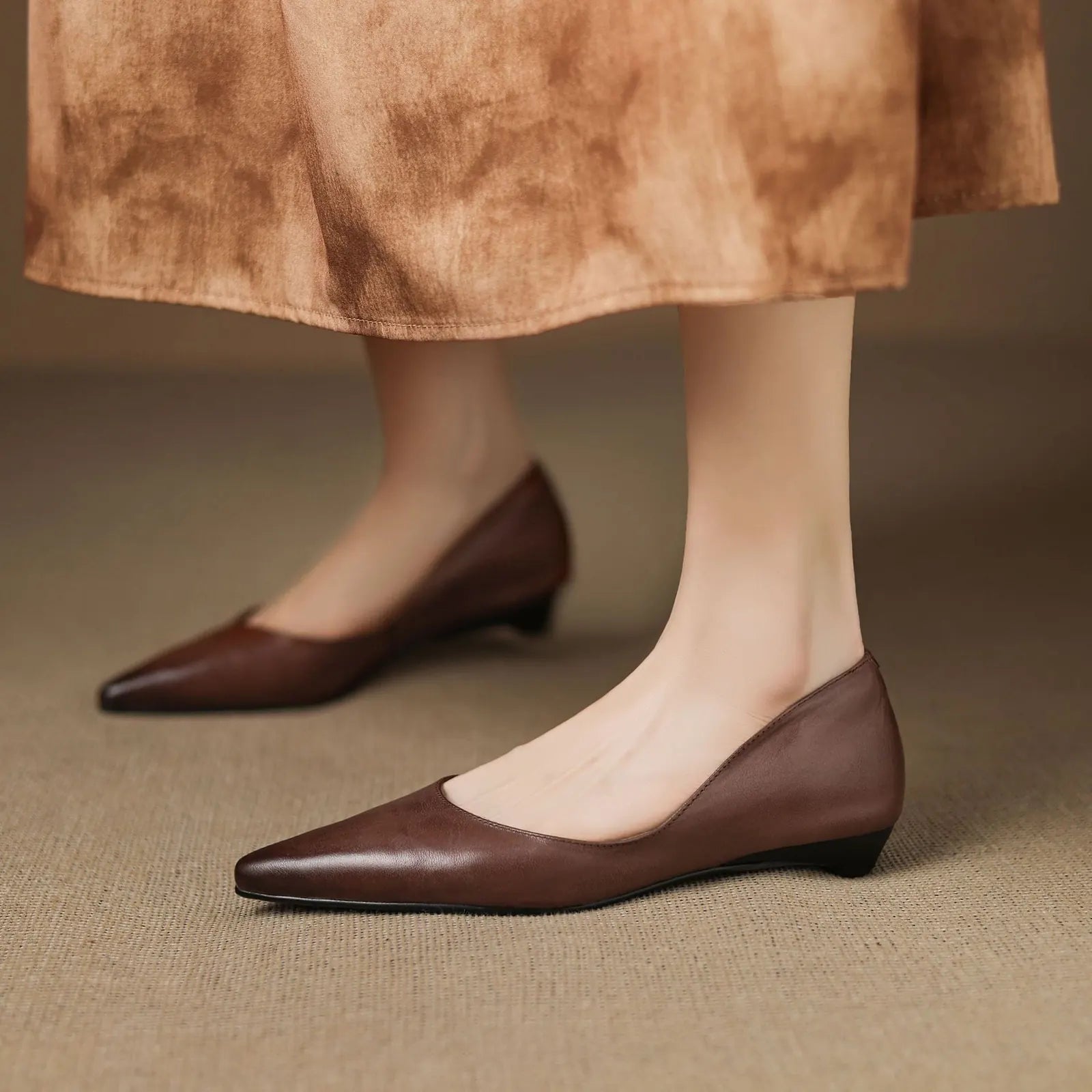 Brown Women's Pointed Toe Leather Ballet Flats — Clara Everyday Low Wedge Slip-On - Side Pose Worn