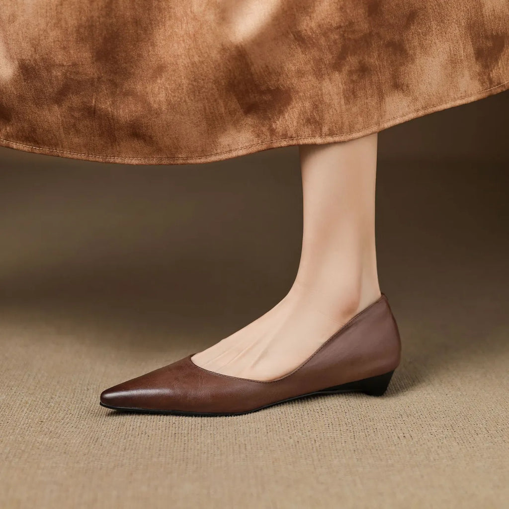 Brown Women's Pointed Toe Leather Ballet Flats — Clara Everyday Low Wedge Slip-On - Under Skirt Detail