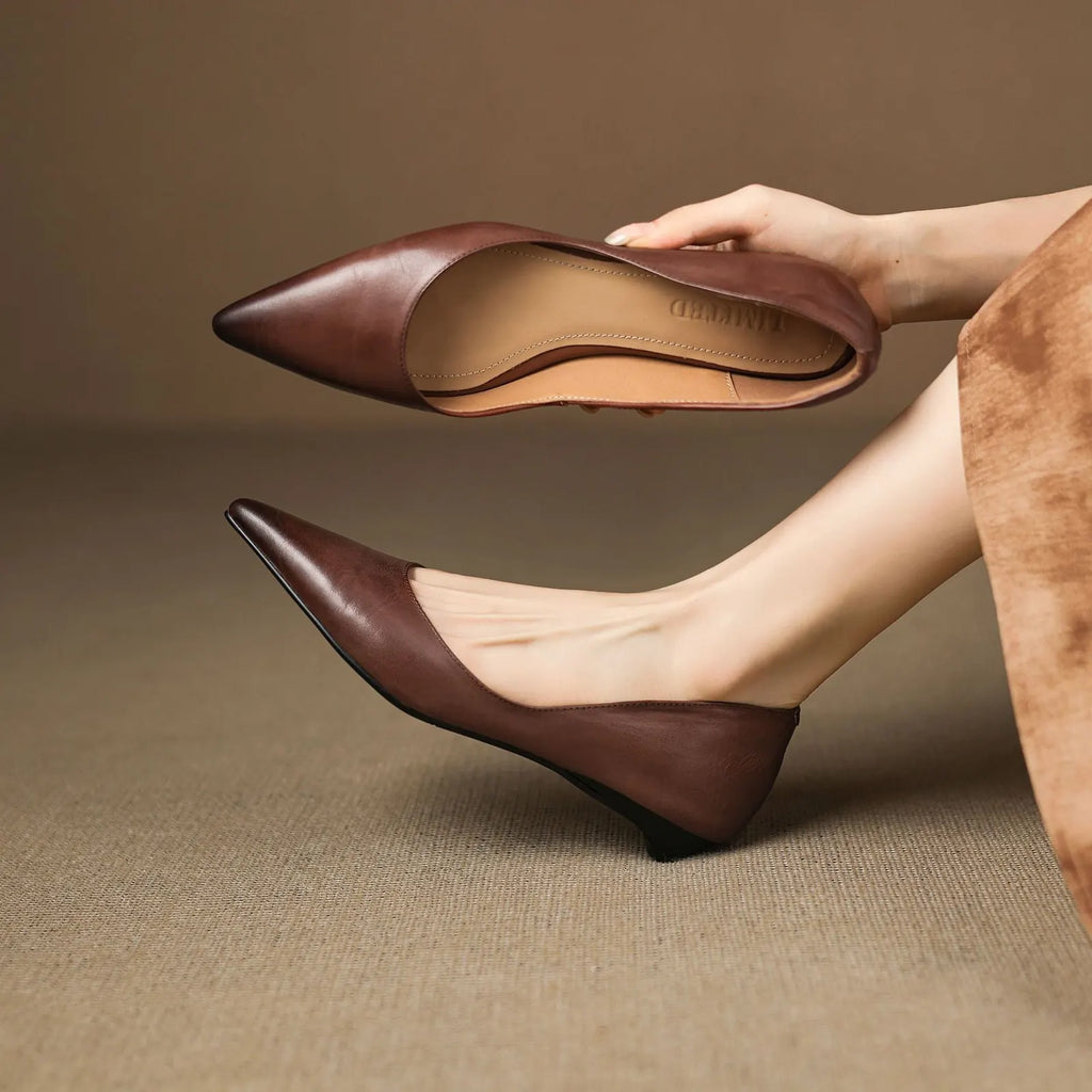 Brown Women's Pointed Toe Leather Ballet Flats — Clara Everyday Low Wedge Slip-On - Worn Lifestyle Hand