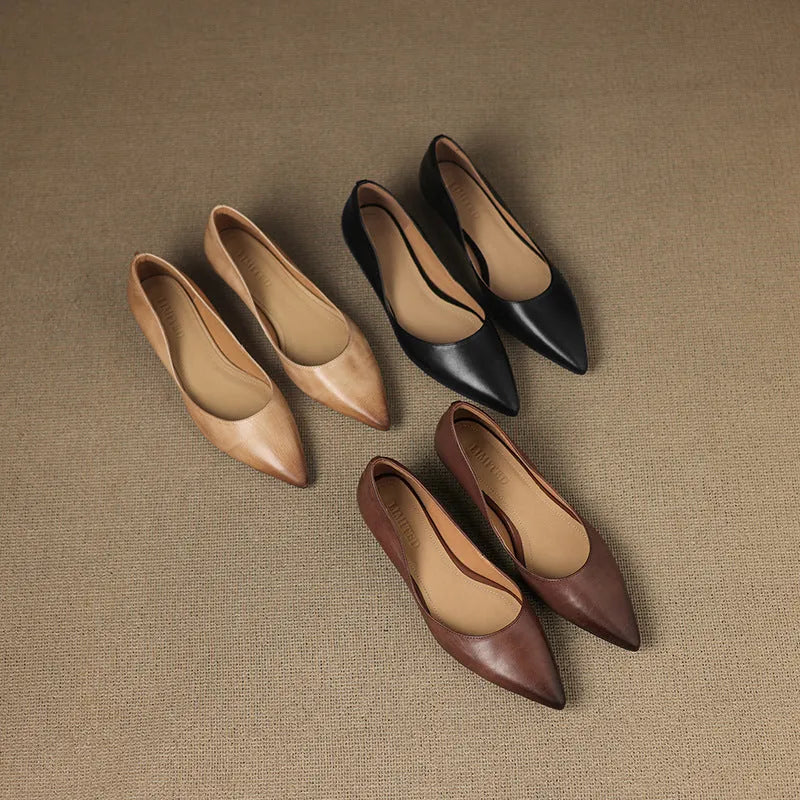 Multicolor Women's Pointed Toe Leather Ballet Flats — Clara Everyday Low Wedge Slip-On - Three Color Flatlay