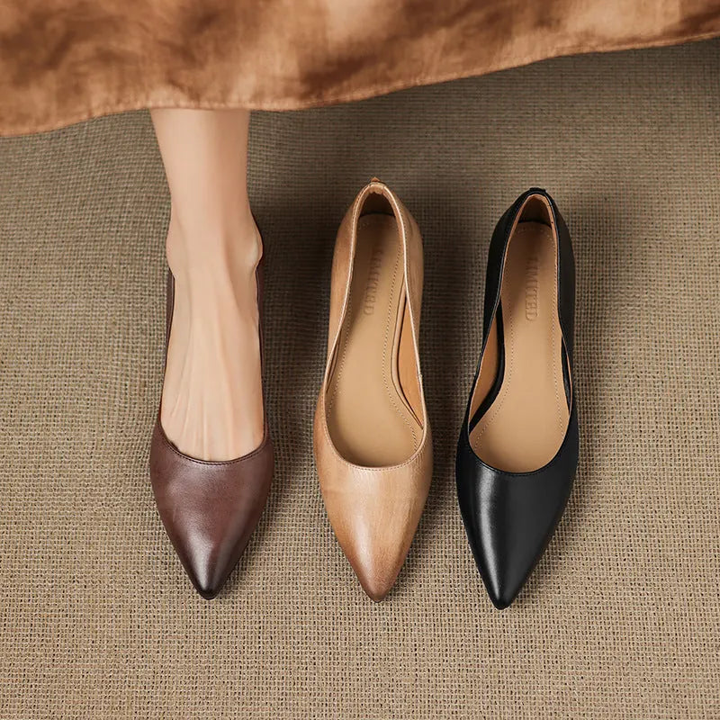 Multi Color Women's Pointed Toe Leather Ballet Flats — Clara Everyday Low Wedge Slip-On - Three Color Lineup