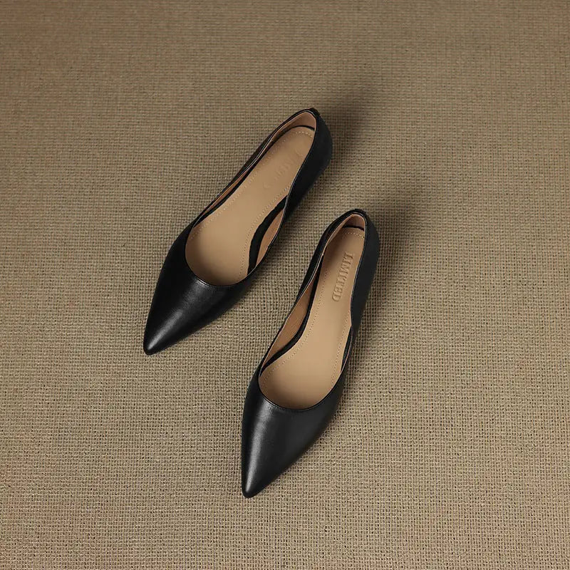Women's Pointed Toe Leather Ballet Flats — Clara Everyday Low Wedge Slip-On