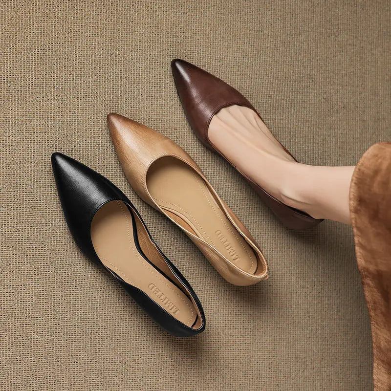Women's Pointed Toe Leather Ballet Flats — Clara Everyday Low Wedge Slip-On