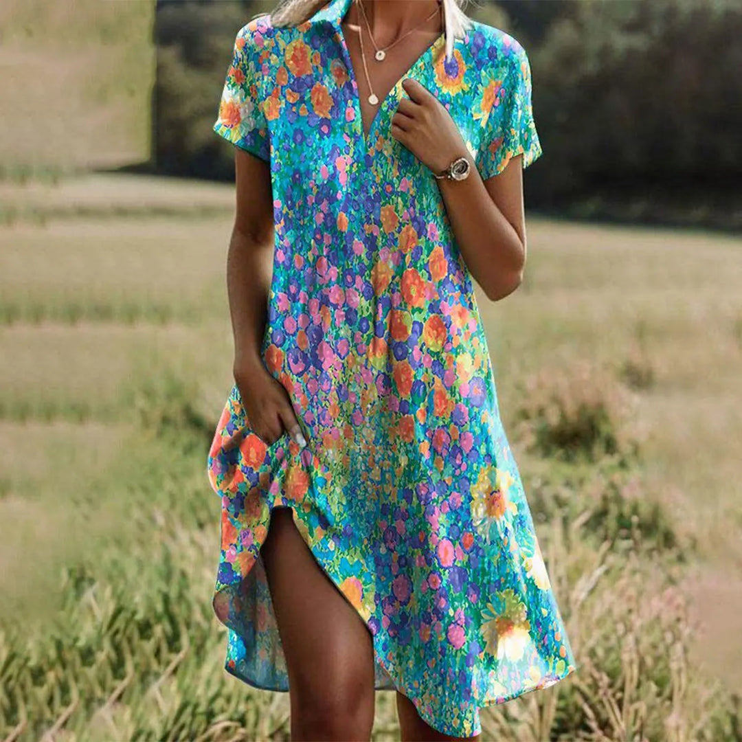 Multi Color Women's Printed V-Neck Summer Dress — Rosalie Short Sleeve Boho - Front Full