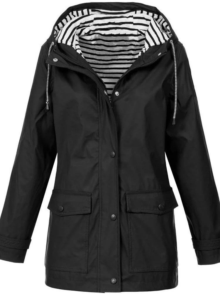 Black Women's Rain Jacket With Hood — Siobhan Waterproof Striped-Lined Drawstring - Front Plain