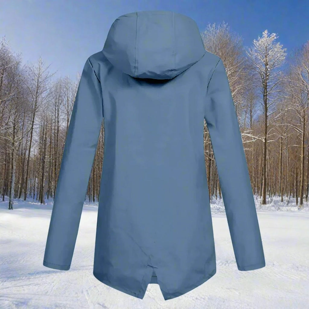 Blue Women's Rain Jacket With Hood — Daisy Waterproof Zip-Up Longline - Back View Outdoor