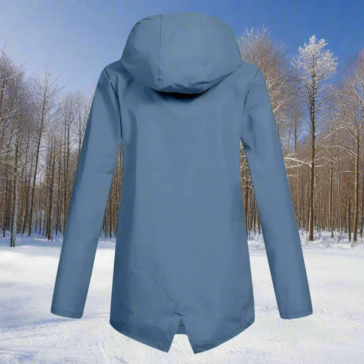 Blue Women's Rain Jacket With Hood — Daisy Waterproof Zip-Up Longline - Back View Outdoor