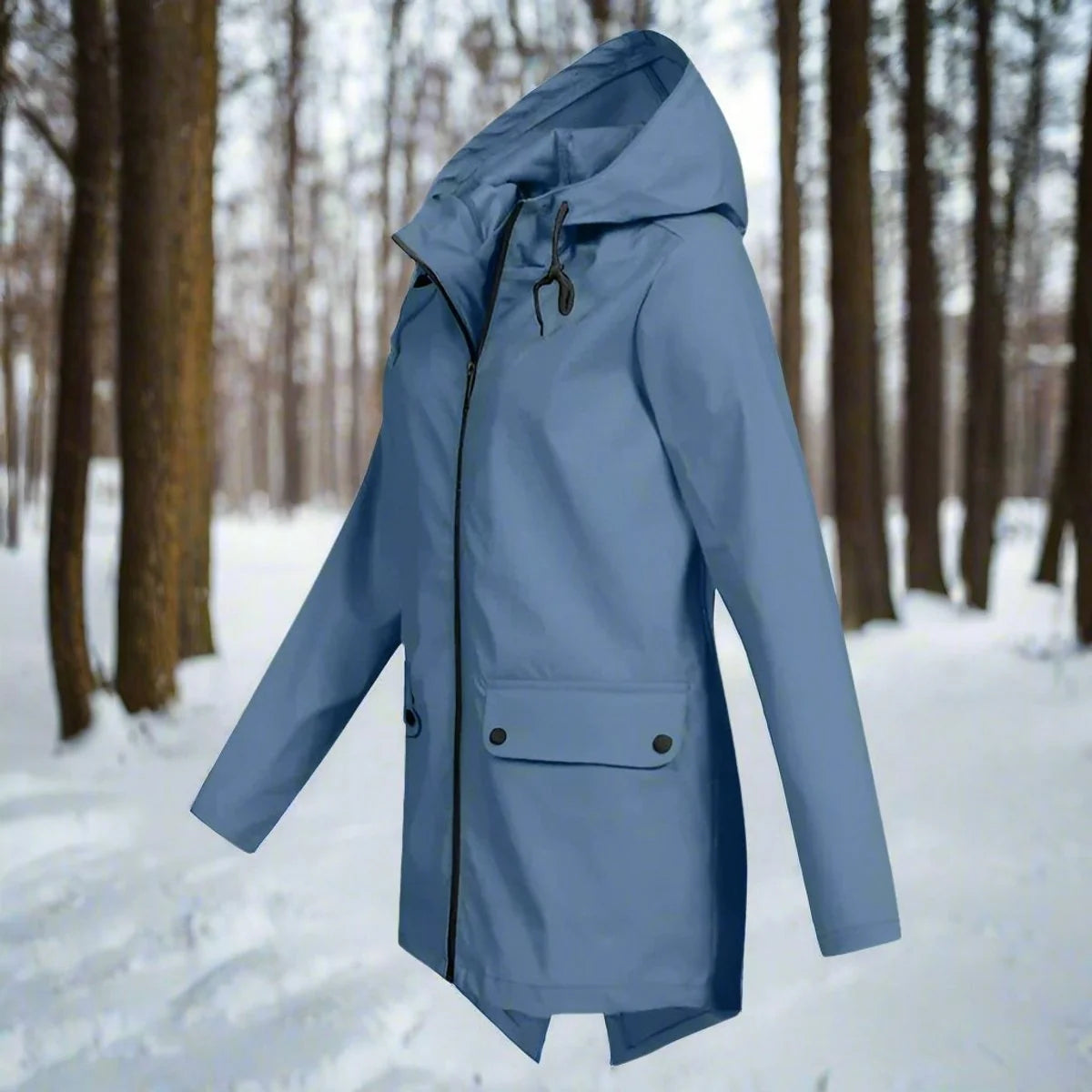 Blue Women's Rain Jacket With Hood — Daisy Waterproof Zip-Up Longline - Front Angle Pose
