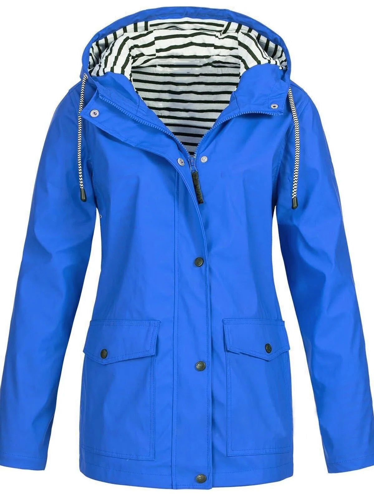 Blue Women's Rain Jacket With Hood — Siobhan Waterproof Striped-Lined Drawstring - Front Bright