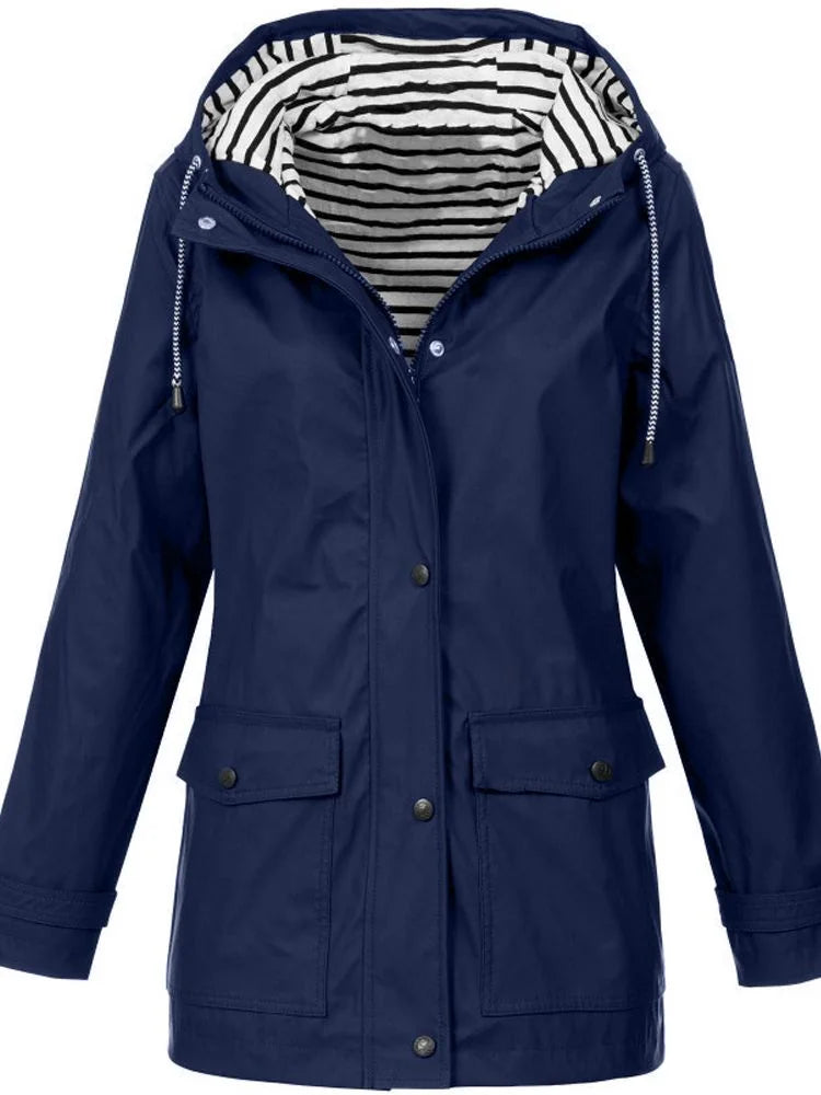 Blue Women's Rain Jacket With Hood — Siobhan Waterproof Striped-Lined Drawstring - Front Dark