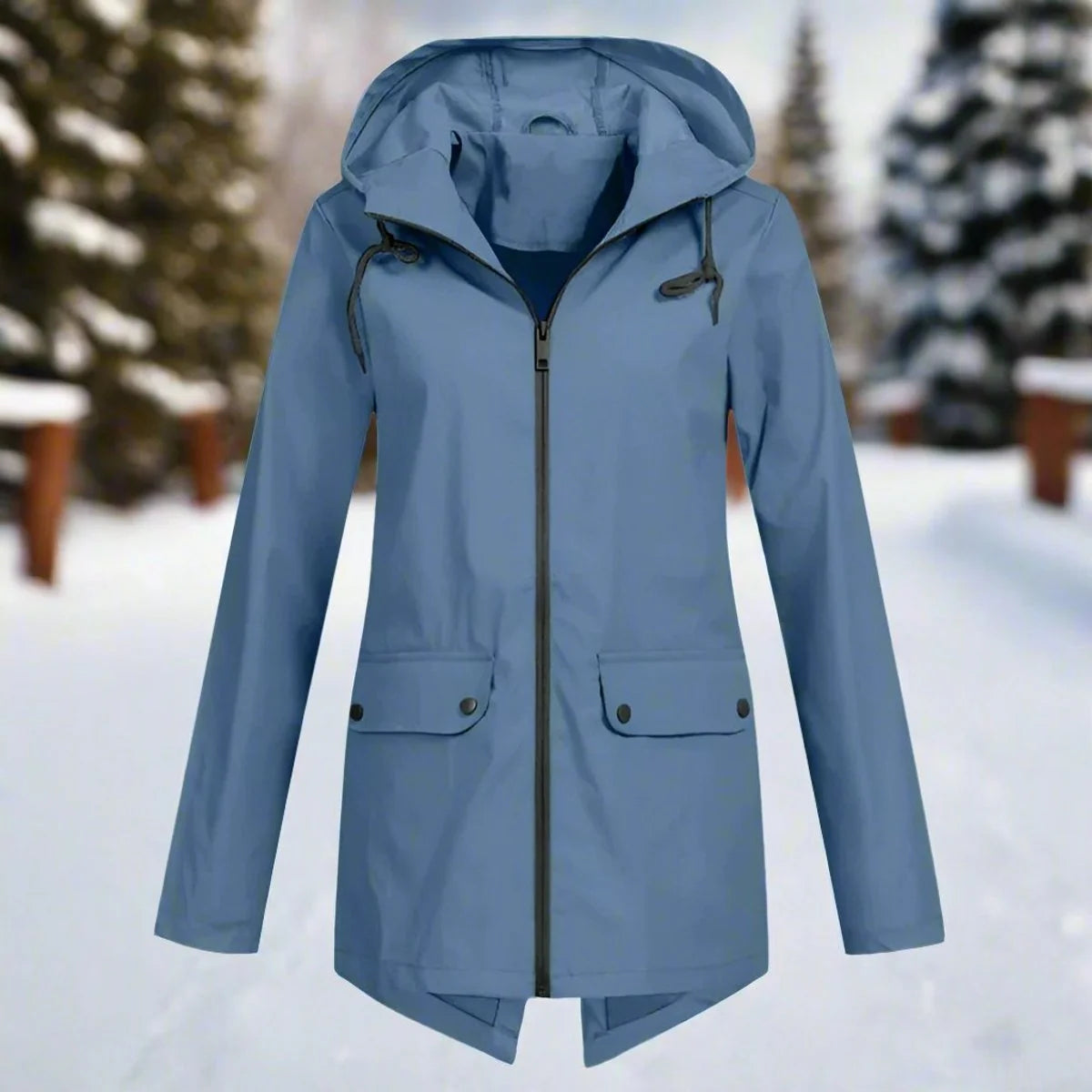 Blue Women's Rain Jacket With Hood — Daisy Waterproof Zip-Up Longline - Front Flat Lay