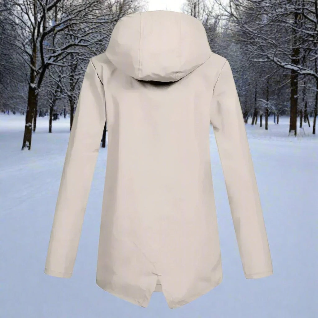 Brown Women's Rain Jacket With Hood — Daisy Waterproof Zip-Up Longline - Back Full View