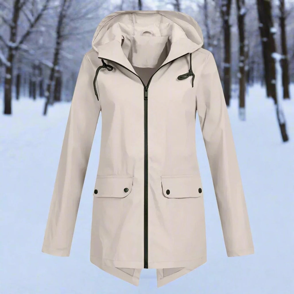 Brown Women's Rain Jacket With Hood — Daisy Waterproof Zip-Up Longline - Front Flat Lay