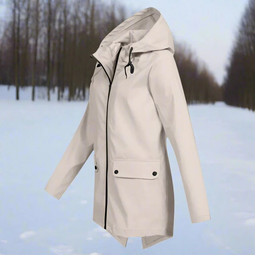 Brown Women's Rain Jacket With Hood — Daisy Waterproof Zip-Up Longline - Front Full Side Pose