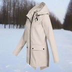 Brown Women's Rain Jacket With Hood — Daisy Waterproof Zip-Up Longline - Front Full Side Pose