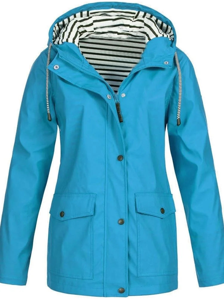 Cyan Women's Rain Jacket With Hood — Siobhan Waterproof Striped-Lined Drawstring - Front Sky
