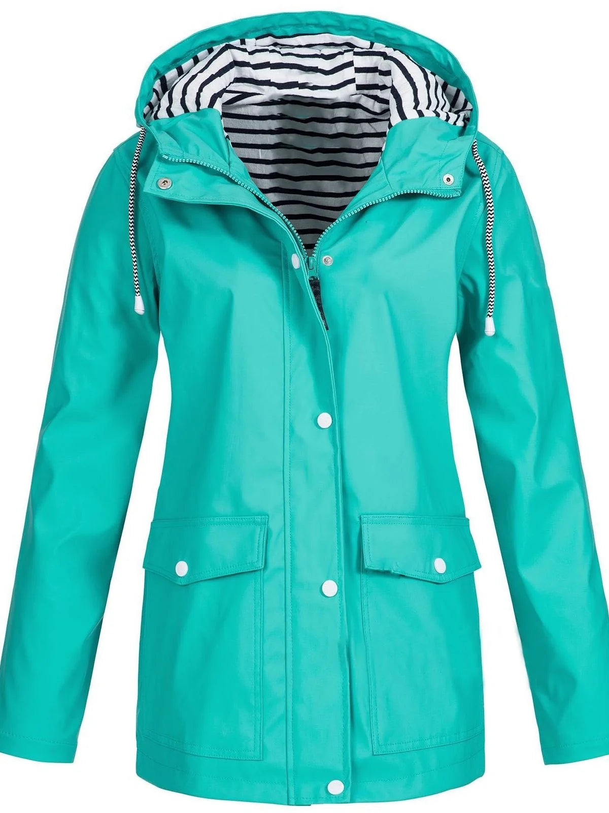 Cyan Women's Rain Jacket With Hood — Siobhan Waterproof Striped-Lined Drawstring - Front Teal