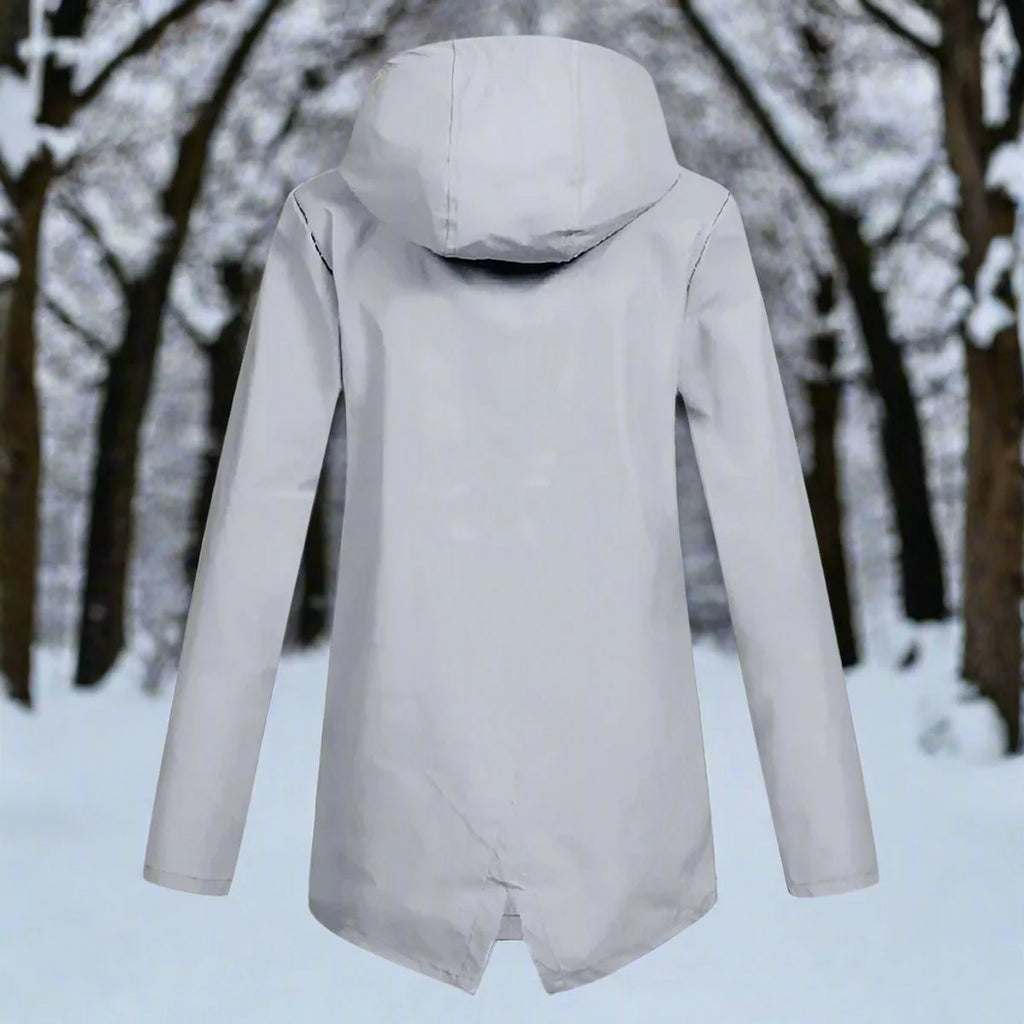 Gray Women's Rain Jacket With Hood — Daisy Waterproof Zip-Up Longline - Back View Snow Path