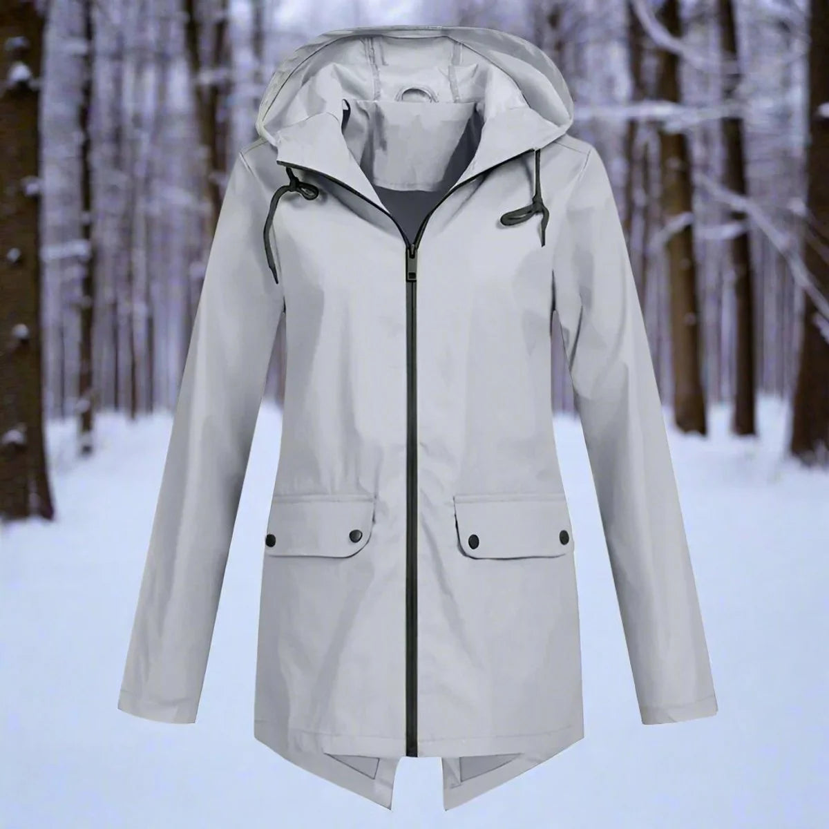 Gray Women's Rain Jacket With Hood — Daisy Waterproof Zip-Up Longline - Front Flat Lay