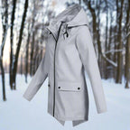 Gray Women's Rain Jacket With Hood — Daisy Waterproof Zip-Up Longline - Front Side Snow