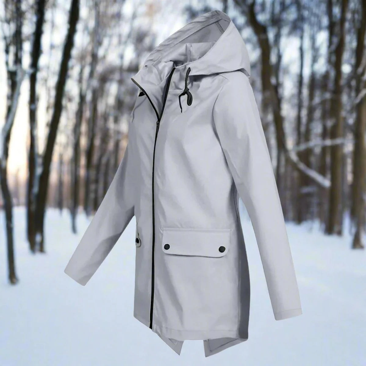 Gray Women's Rain Jacket With Hood — Daisy Waterproof Zip-Up Longline - Front Side Snow