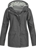 Gray Women's Rain Jacket With Hood - Front Standing