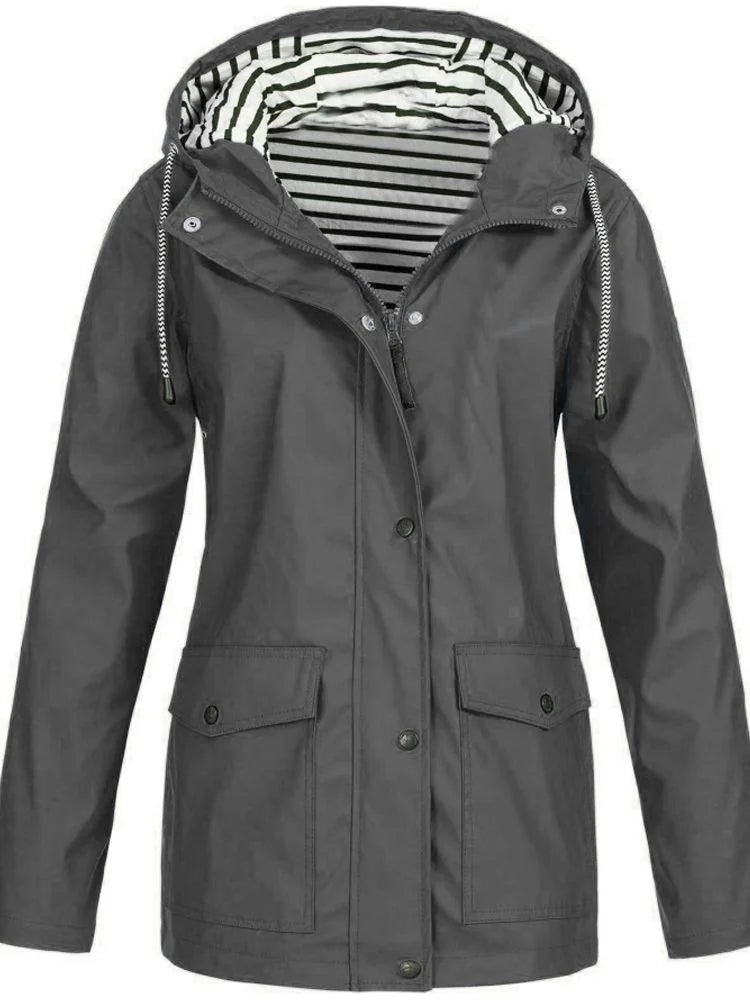 Gray Women's Rain Jacket With Hood — Siobhan Waterproof Striped-Lined Drawstring - Front Standing