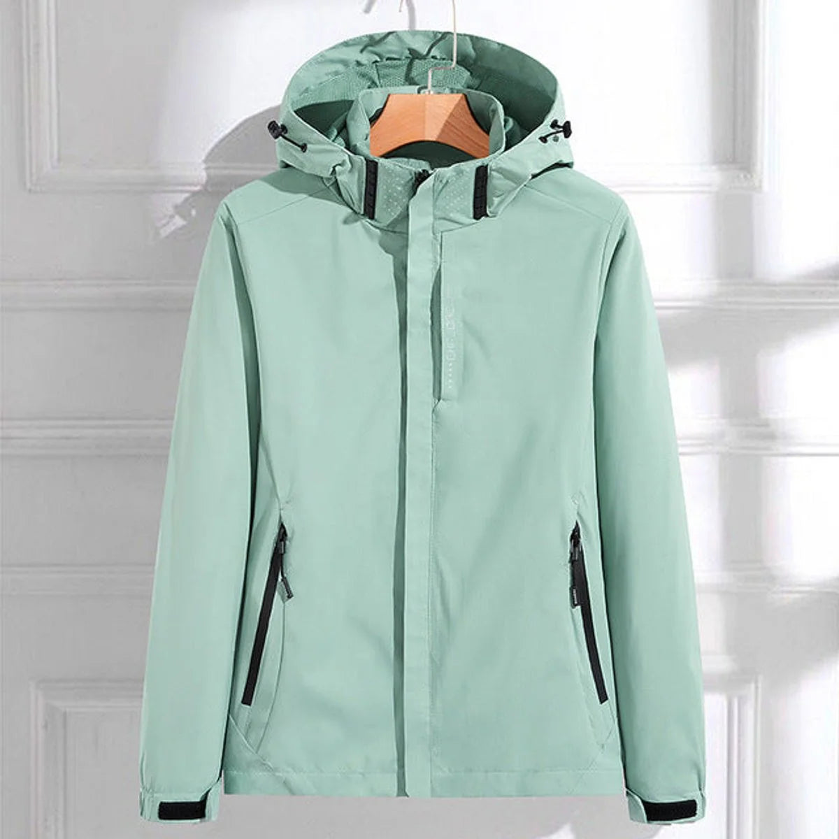 Green Women's Rain Jacket With Hood — Kelly Zip-Up Adjustable Waterproof - Front Full