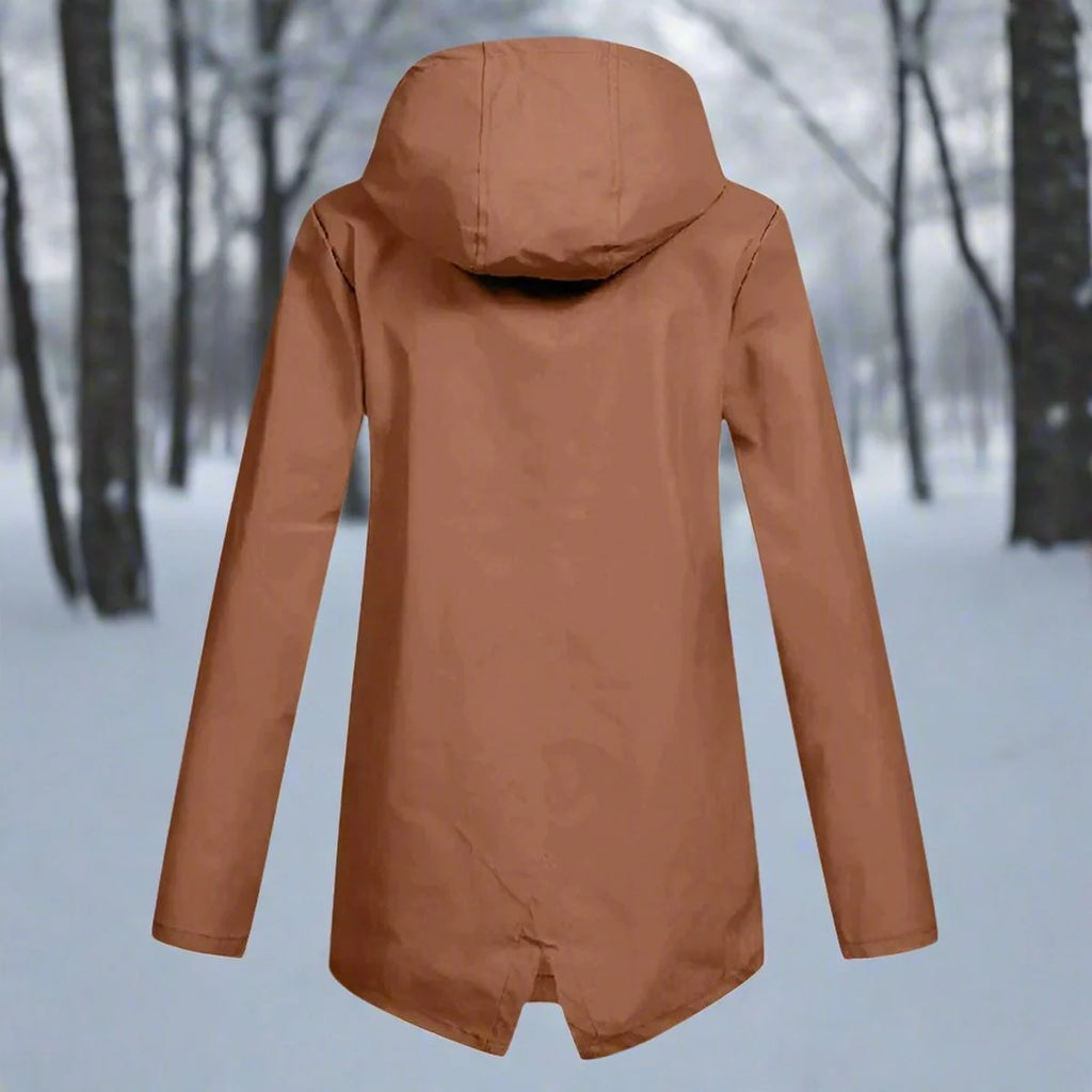 Orange Women's Rain Jacket With Hood — Daisy Waterproof Zip-Up Longline - Back View Forest