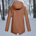 Orange Women's Rain Jacket With Hood — Daisy Waterproof Zip-Up Longline - Back View Forest