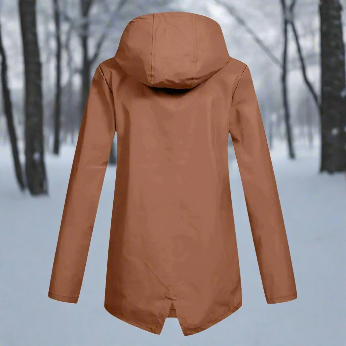 Orange Women's Rain Jacket With Hood — Daisy Waterproof Zip-Up Longline - Back View Forest