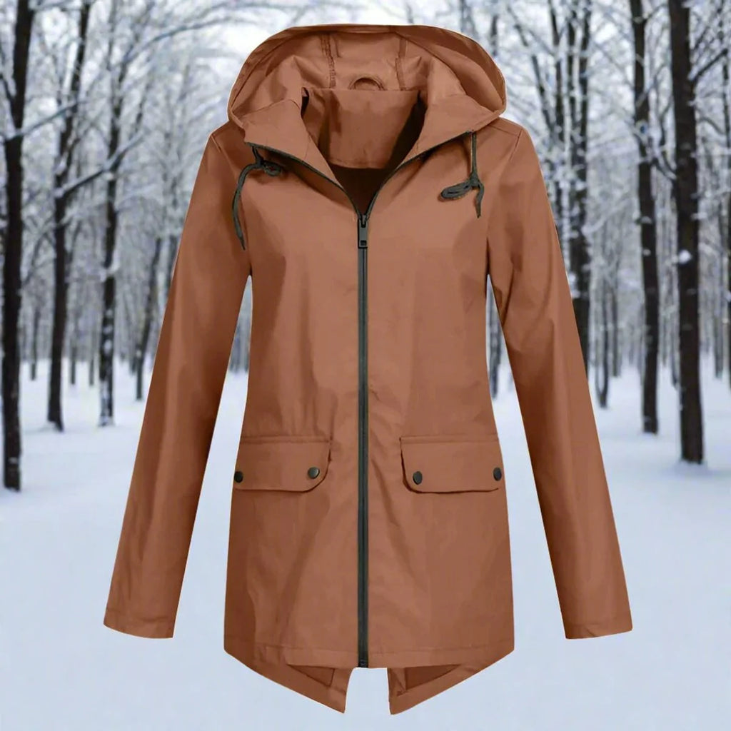 Orange Women's Rain Jacket With Hood — Daisy Waterproof Zip-Up Longline - Front Flat Lay