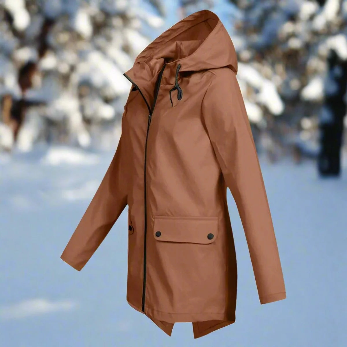 Orange Women's Rain Jacket With Hood — Daisy Waterproof Zip-Up Longline - Front Side Floating