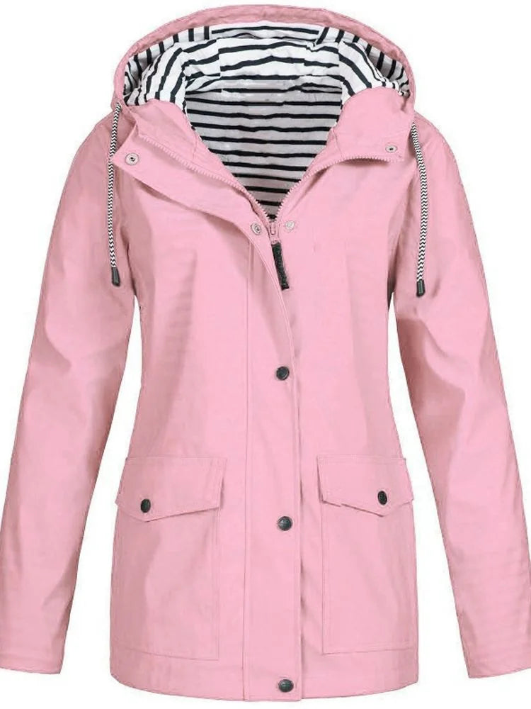 Pink Women's Rain Jacket With Hood — Siobhan Waterproof Striped-Lined Drawstring - Front Soft