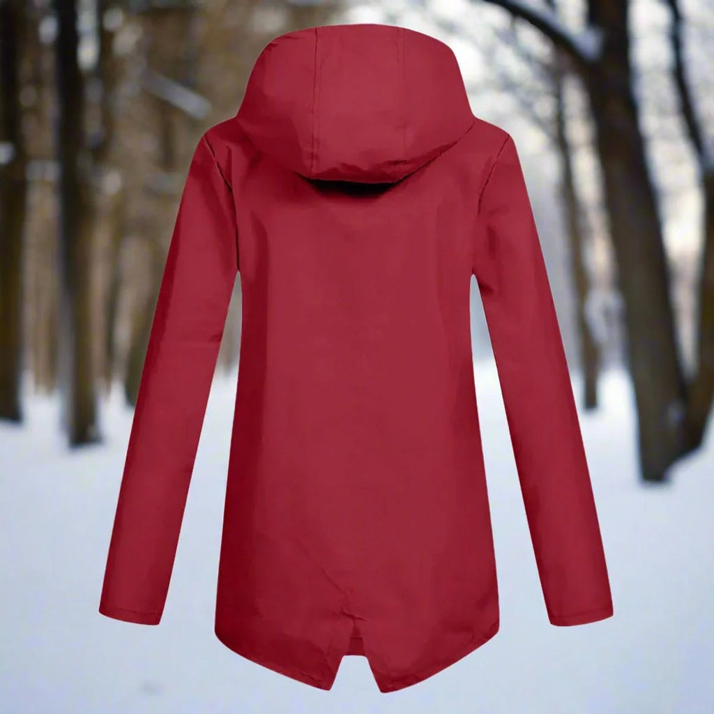 Red Women's Rain Jacket With Hood — Daisy Waterproof Zip-Up Longline - Back View Forest