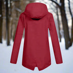 Red Women's Rain Jacket With Hood — Daisy Waterproof Zip-Up Longline - Back View Forest