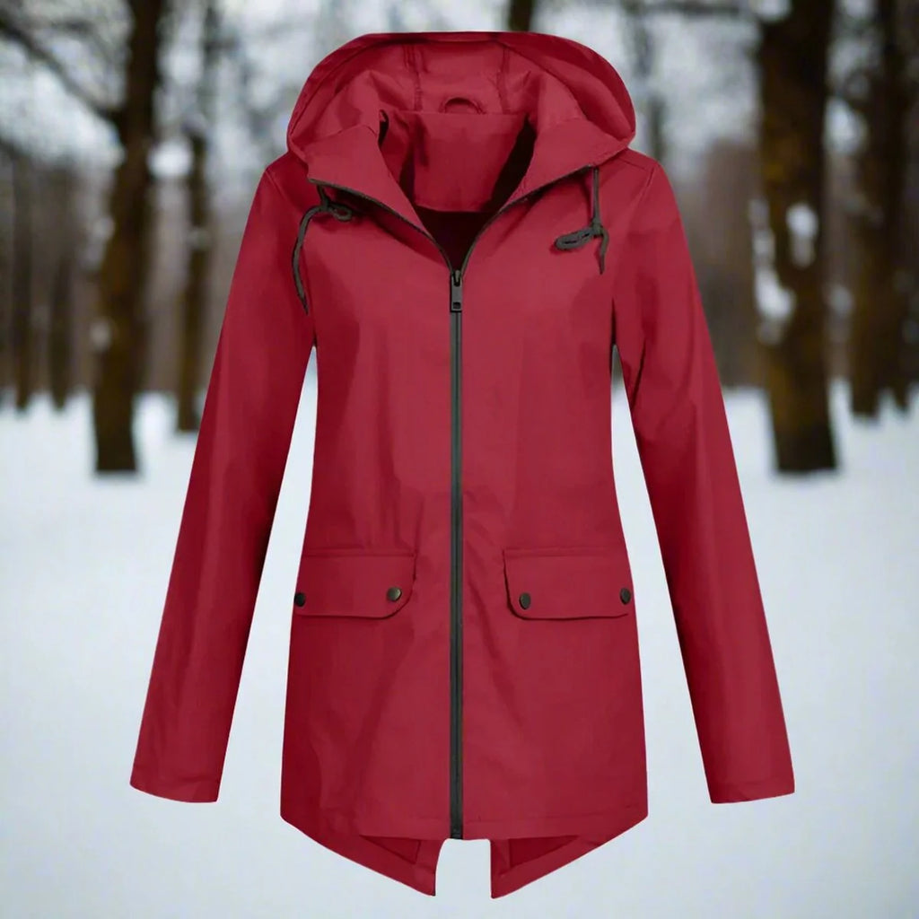 Red Women's Rain Jacket With Hood — Daisy Waterproof Zip-Up Longline - Front Flat Lay