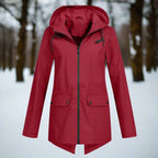 Red Women's Rain Jacket With Hood — Daisy Waterproof Zip-Up Longline - Front Flat Lay