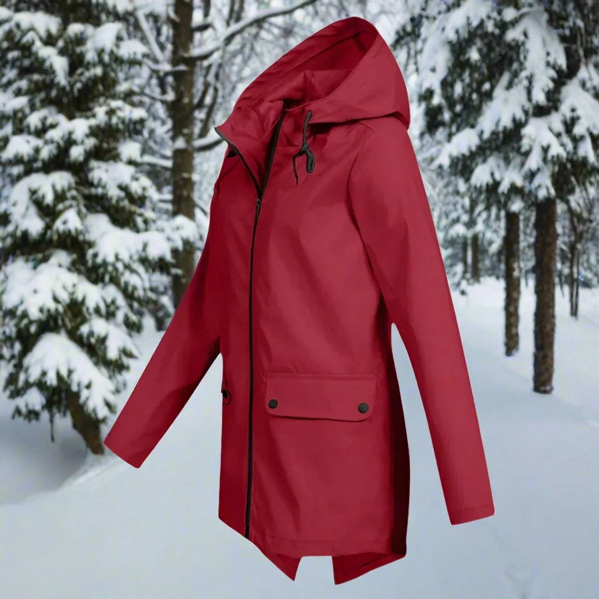 Red Women's Rain Jacket With Hood — Daisy Waterproof Zip-Up Longline - Front Side Pose