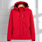 Red Women's Rain Jacket With Hood — Kelly Zip-Up Adjustable Waterproof - Front Zip Detail