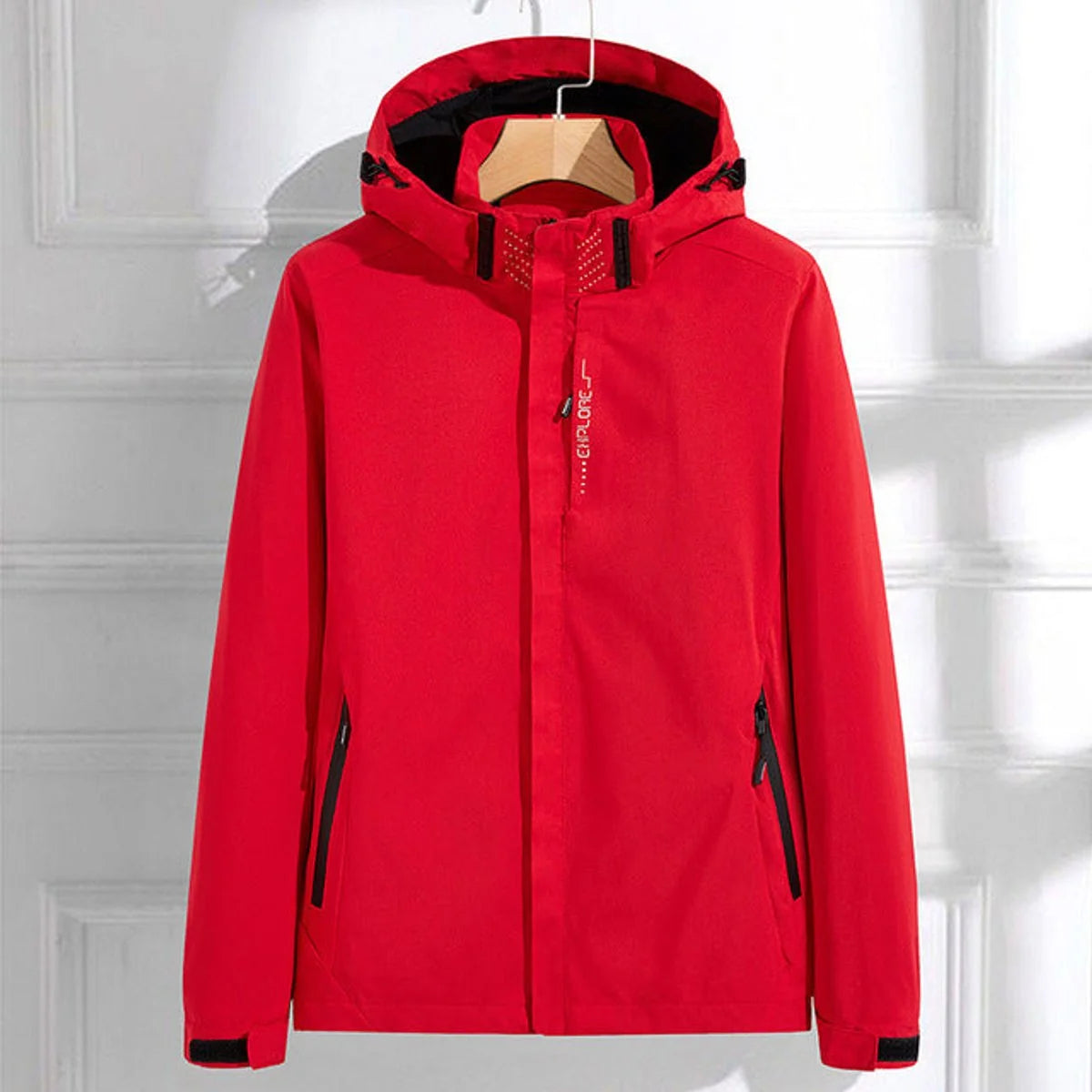 Red Women's Rain Jacket With Hood — Kelly Zip-Up Adjustable Waterproof - Front Zip Detail