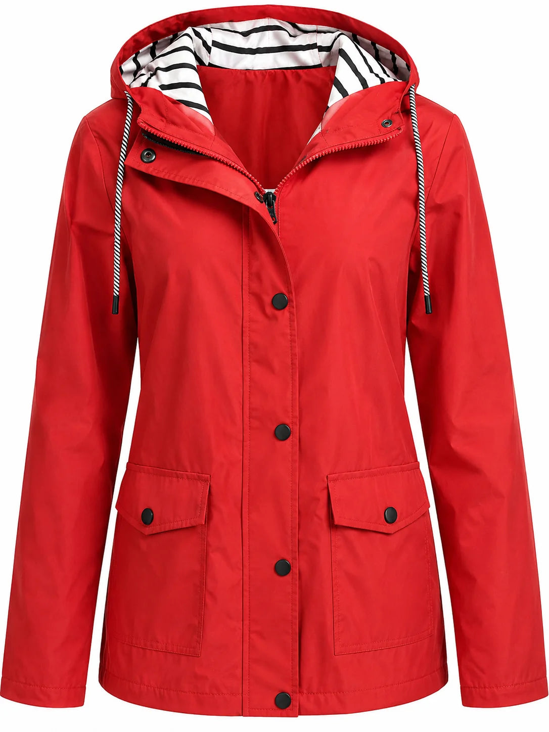 Red Women's Rain Jacket With Hood — Siobhan Waterproof Striped-Lined Drawstring - Front Zip