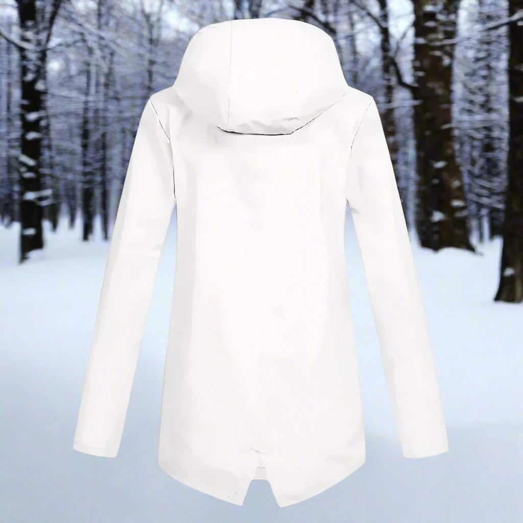 White Women's Rain Jacket With Hood — Daisy Waterproof Zip-Up Longline - Back View Plain